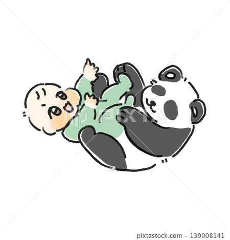 An illustration of a baby lying down and playing with a panda, hand-drawn watercolor style, perfect for parenting, childcare, and toddlers (0 years old). An illustration of a baby lying down and playing with a panda, hand-drawn watercolor style, perfect for parenting, childcare, and toddlers (0 years old). 139008141