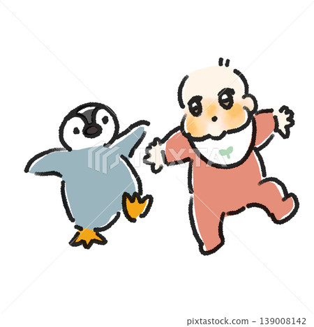 一幅嬰兒與企鵝一起散步的插圖，手繪水彩風格，適用於兒童保育、育兒、成長和幼兒教育。 139008142