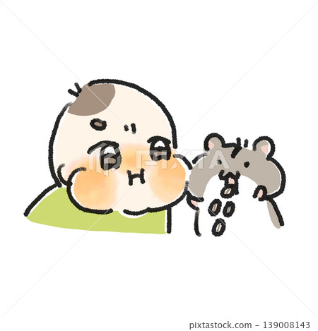 一幅手繪水彩風格的插圖，描繪了一個嬰兒和一隻倉鼠一起吃飯的場景。 （關鍵字：育兒、斷奶、膳食、幼兒） 139008143