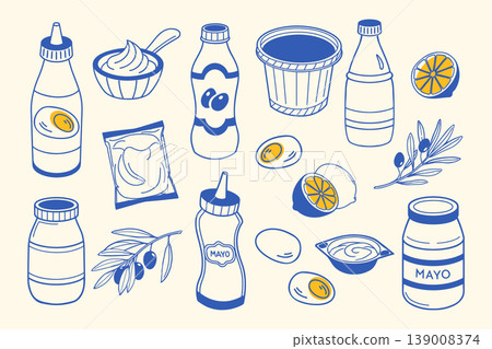 Hand drawn mayonnaise and ingredients set. Sketch. Organic mayo packaging illustrations for food labels and menus. 139008374