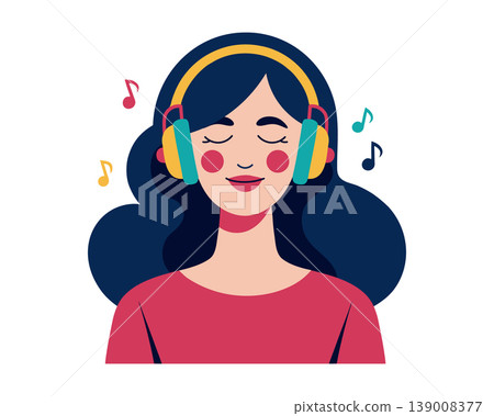 Young woman with headphones listening to music and music notes. Illustration. Young woman with headphones listening to music and music notes. Illustration. 139008377