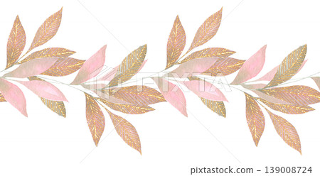 Pink and gold leaves seamless border watercolor Pink and gold leaves seamless border watercolor 139008724