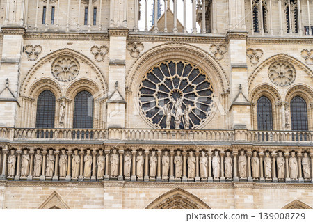 Gothic rose round window in Paris France Cathedral of Notre Dame de Paris. Old building French architecture 139008729
