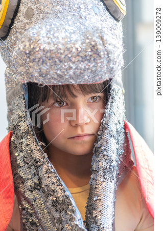Child portrait in stage costume represents character attention and emotional state Child portrait in stage costume represents character attention and emotional state 139009278