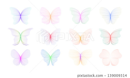 Abstract Line Butterflies Collection Set. Minimal Colorful Butterfly Vector Illustration with Delicate Thin Lines and Gradient Wings on White Background for Nature and Decor Design Abstract Line Butterflies Collection Set. Minimal Colorful Butterfly Vector Illustration with Delicate Thin Lines and Gradient Wings on White Background for Nature and Decor Design 139009314