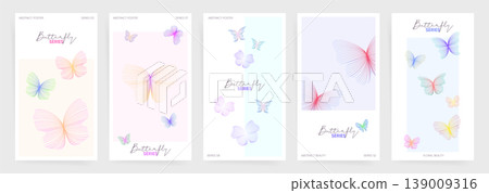 Abstract butterfly posters. Set of colorful line art butterflies. Pastel gradient wing patterns. Elegant minimalist templates for creative graphic design. Vector illustration. Abstract butterfly posters. Set of colorful line art butterflies. Pastel gradient wing patterns. Elegant minimalist templates for creative graphic design. Vector illustration. 139009316