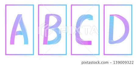 Vector alphabet letters A B C D with gradient stripe line 3D effect. Modern decorative font design in purple, blue and cyan for poster, print, monogram, card, logo and typography design. Vector alphabet letters A B C D with gradient stripe line 3D effect. Modern decorative font design in purple, blue and cyan for poster, print, monogram, card, logo and typography design. 139009322