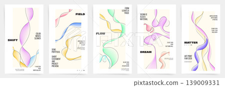 Abstract Posters Set with Soft Gradient Line Waves. Minimal Art Exhibition Flyer Templates with Flowing Curves and Modern Typography. Vector Illustration for Gallery Event Cover Design Abstract Posters Set with Soft Gradient Line Waves. Minimal Art Exhibition Flyer Templates with Flowing Curves and Modern Typography. Vector Illustration for Gallery Event Cover Design 139009331