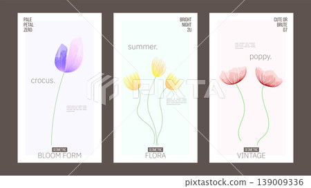 Botanical flower vector poster set with geometric line art on white background. Minimal floral design in purple, yellow and red for crocus, tulip and poppy art print, gallery, greeting card. Botanical flower vector poster set with geometric line art on white background. Minimal floral design in purple, yellow and red for crocus, tulip and poppy art print, gallery, greeting card. 139009336