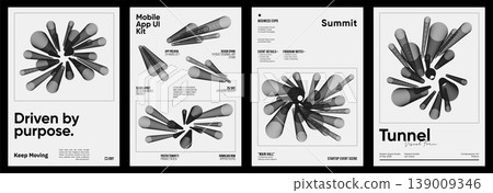 Abstract 3D spiral poster with tunnel cylinders. Vector set on white background. Minimal monochrome geometric design for business event, summit, mobile app UI, branding, art print, cover Abstract 3D spiral poster with tunnel cylinders. Vector set on white background. Minimal monochrome geometric design for business event, summit, mobile app UI, branding, art print, cover 139009346