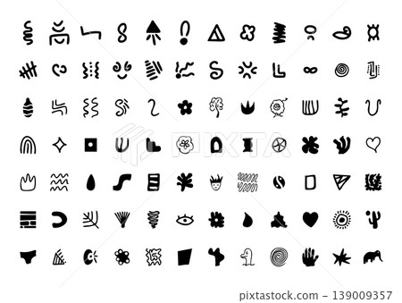 Abstract Hand Drawn Shapes and Symbols Collection Set. Black Primitive Doodle Icons with Organic Elements on White Background. Vector Illustration for Modern Decor and Sticker Design Abstract Hand Drawn Shapes and Symbols Collection Set. Black Primitive Doodle Icons with Organic Elements on White Background. Vector Illustration for Modern Decor and Sticker Design 139009357