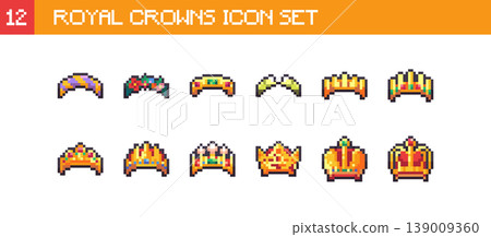 Pixel Art Royal Crowns Collection Set. Retro 8 Bit Medieval King Queen Tiara Vector Illustration Pixelated Y2k Crown Pack for Game Assets UI, Stickers and Fantasy Design Pixel Art Royal Crowns Collection Set. Retro 8 Bit Medieval King Queen Tiara Vector Illustration Pixelated Y2k Crown Pack for Game Assets UI, Stickers and Fantasy Design 139009360