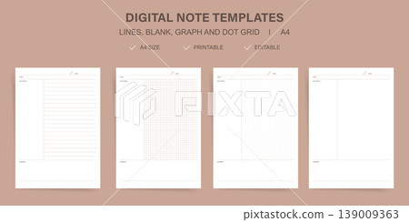 A4 Digital Note Templates Collection Set. Printable Minimalist Lined Blank Graph and Dot Grid Paper with Key Points and Summary Vector Illustration Pack for Student Journal and Planner Design 139009363