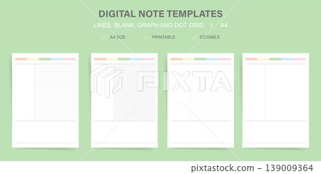 A4 Note Templates Collection Set. Printable Lined Blank Graph and Dot Grid Paper with Colorful Pastel Header Vector Illustration Pack for Student Journal and Planner Design A4 Note Templates Collection Set. Printable Lined Blank Graph and Dot Grid Paper with Colorful Pastel Header Vector Illustration Pack for Student Journal and Planner Design 139009364