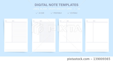 Printable minimal digital note template set A4 with date and subject header. Clean Cornell style lined, graph and dot grid study planner in white for study. Printable minimal digital note template set A4 with date and subject header. Clean Cornell style lined, graph and dot grid study planner in white for study. 139009365