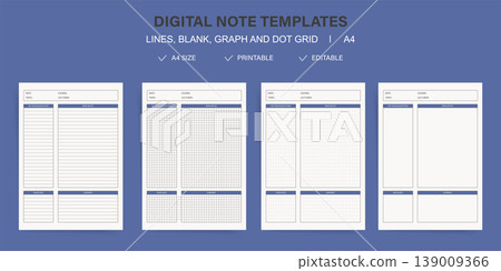Note Templates A4 Digital Set. Printable Cornell Style Lined Blank Graph and Dot Grid Paper with Key Ideas Main Notes Deadlines and Summary Vector Illustration Pack for Student Lecture Jour 139009366