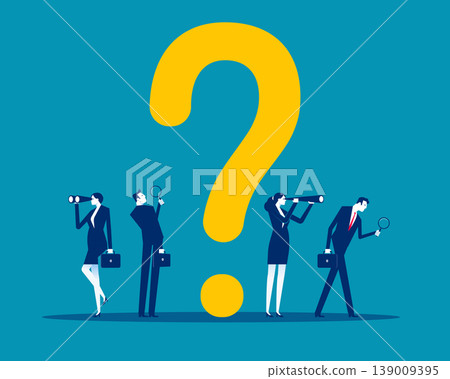 Business team with magnifying glasses and binoculars next to a question mark 139009395