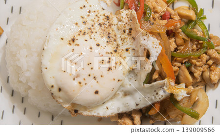 Colorful gapao rice topped with a fried egg. Colorful gapao rice topped with a fried egg. 139009566