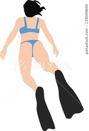 An illustration of a woman swimming with fins on her feet. 139009600