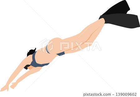 An illustration of a woman swimming with fins on her feet. 139009602