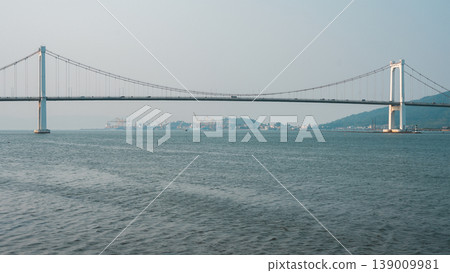 modern Cau Thuan Phuoc bridge over serene Han river with city skyline and mountains in Da Nang, Wide view of Golden Gate over calm water, Danang Vietnam 4k modern Cau Thuan Phuoc bridge over serene Han river with city skyline and mountains in Da Nang, Wide view of Golden Gate over calm water, Danang Vietnam 4k 139009981
