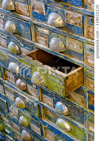 Very old wooden cabinet with multiple drawers - cards, files, tools or fasteners storage unit Very old wooden cabinet with multiple drawers - cards, files, tools or fasteners storage unit 139010130