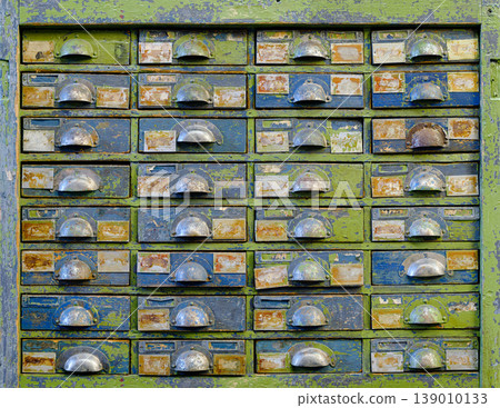 Very old wooden cabinet with multiple drawers - cards, files, tools or fasteners storage unit Very old wooden cabinet with multiple drawers - cards, files, tools or fasteners storage unit 139010133