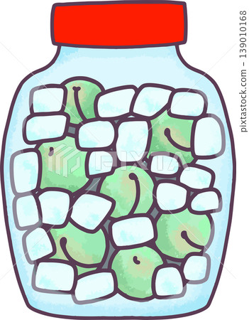 Illustration of a bottle of plum syrup/plum wine: Pickling green plums with rock sugar, red lid, hand-drawn style, plum-related, early summer, white background. 139010168