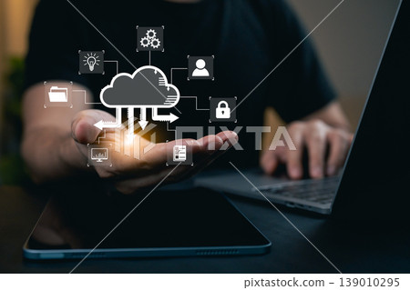 Modern Technology Cloud Computing Concept with Icons Representing Data Security, Storage, and Management in a Digital Workspace Environment Modern Technology Cloud Computing Concept with Icons Representing Data Security, Storage, and Management in a Digital Workspace Environment 139010295
