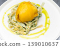 Fresh pasta dish with mango and green sauce on a white plate 139010637