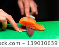 Salmon fillet being separated from the skin on green cutting board with chef's hands visible 139010639