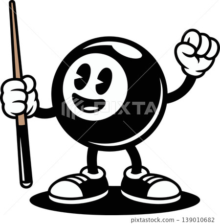 Cartoon Eight Ball Character Holding Pool Cue	 139010682