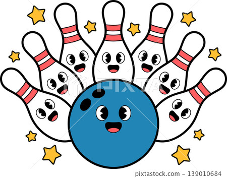 Happy Cartoon Bowling Ball and Pins Illustration	 139010684