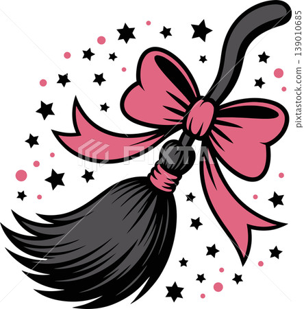 Cute Witch Broom with Pink Bow and Stars Illustration	 139010685