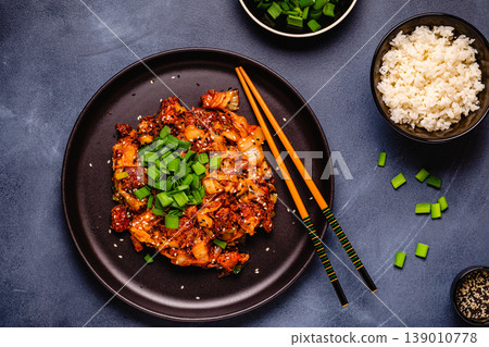 Fried kimchi with pork onions and spices. Traditional Korean food 139010778