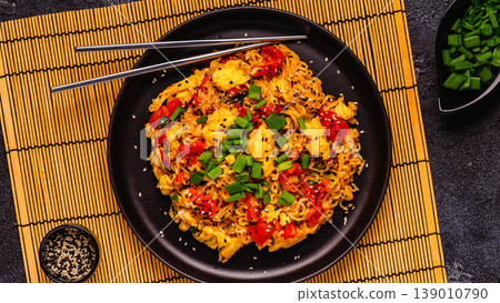 Korean style instant noodle, Shin Ramyeon with tomatoes and scrambled eggs. 139010790
