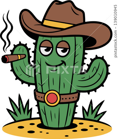Cool Cowboy Cactus Smoking Cigar Illustration 139010945