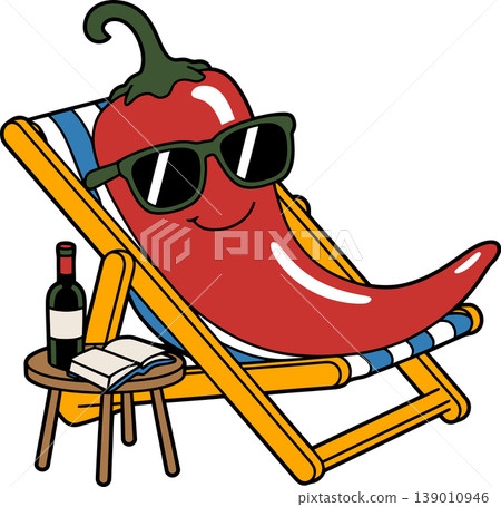 Relaxing Chili Pepper on Deck Chair Relaxing Chili Pepper on Deck Chair 139010946