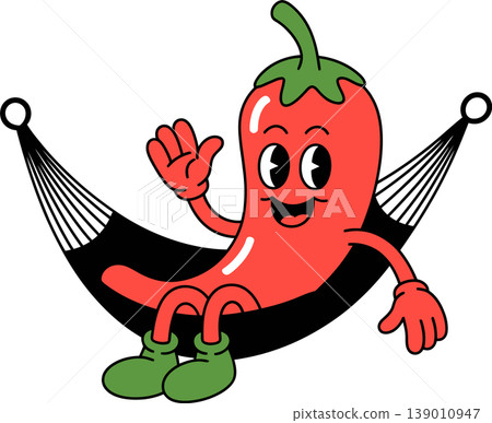 Cartoon Chili Pepper Relaxing in Hammock Cartoon Chili Pepper Relaxing in Hammock 139010947
