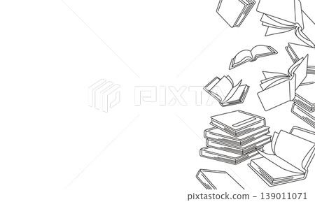 A black and white line drawing background frame with stacks of books and documents (left margin is for copying space). A black and white line drawing background frame with stacks of books and documents (left margin is for copying space). 139011071