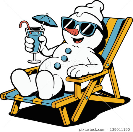 Funny Snowman Relaxing with Drink in Summer Chair Illustration Funny Snowman Relaxing with Drink in Summer Chair Illustration 139011190