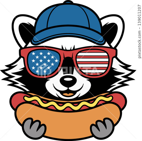 Cute Raccoon with Hot Dog and American Flag Glasses Illustration Cute Raccoon with Hot Dog and American Flag Glasses Illustration 139011207