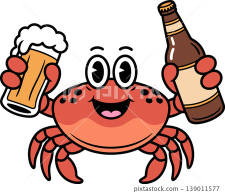 Cheerful Crab Holding Beer Glass and Bottle Cartoon Illustration Cheerful Crab Holding Beer Glass and Bottle Cartoon Illustration 139011577