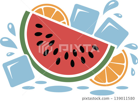 Refreshing Watermelon and Orange with Ice Cubes Illustration Refreshing Watermelon and Orange with Ice Cubes Illustration 139011580