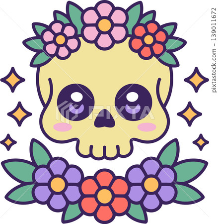 Cute Floral Skull with Flowers and Stars Illustration Cute Floral Skull with Flowers and Stars Illustration 139011672