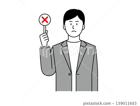 一幅插圖，描繪了一位身穿夾克的年輕男子，他手持“X”標誌，表情憤怒。 139011683