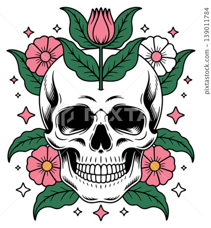 Floral Skull with Pink Flowers and Leaves Illustration Floral Skull with Pink Flowers and Leaves Illustration 139011784