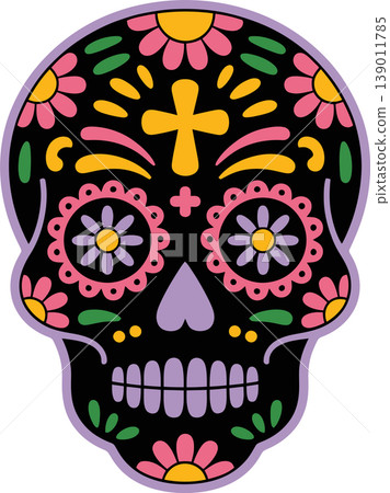 Colorful Sugar Skull Day of the Dead Floral Decoration Illustration Colorful Sugar Skull Day of the Dead Floral Decoration Illustration 139011785