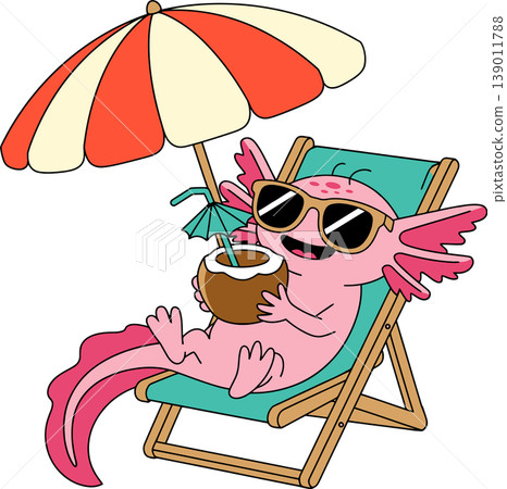 Axolotl Relaxing with Coconut Drink Illustration 139011788