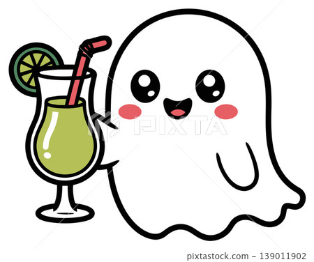 Cute Ghost Drinking Cocktail Cartoon Illustration	 139011902